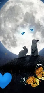 Silhouetted animals beneath a full moon with butterflies and a glowing heart.