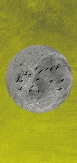 Artwork of flying birds silhouetted against a yellow moon.