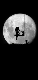 Girl and cat silhouette on a swing against the full moon.