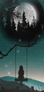 Silhouette of girl on swing with moonlit background and a cat.