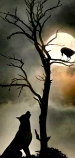 Wolf and raven silhouetted against a full moon in dark, atmospheric art.