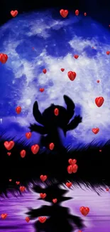 Silhouette with red hearts against a blue moon.