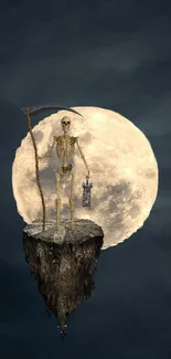 Skeleton with scythe on floating island under full moon.