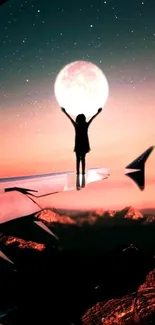 Silhouette on airplane wing under full moon.