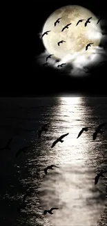 Moonlit night sky with birds over ocean.