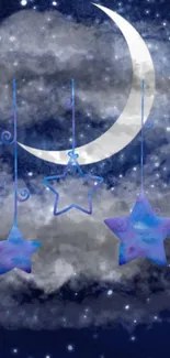 Moonlit sky with hanging stars in cosmic art style.