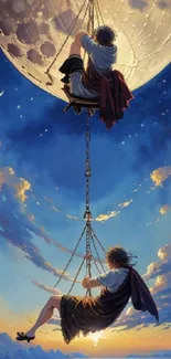 Fantasy art of figures swinging under a moonlit sky.