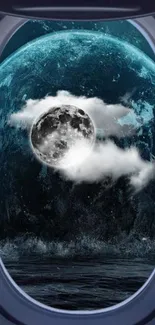 View of moon and clouds through an airplane window in a dark blue night sky.