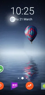 Hot air balloon under moonlit sky reflection.