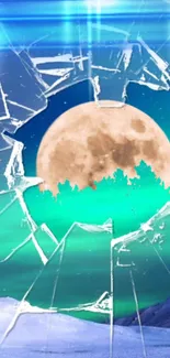 Full moon and aurora through shattered glass wallpaper.