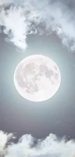 Full moon surrounded by wispy clouds in a night sky.