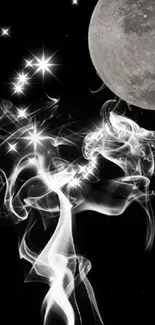 Moon and smoke design on black mobile wallpaper.