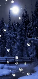 Moonlit snowy forest with falling snowflakes and glowing moon.