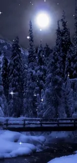 Moonlit snowy forest under a starry night sky with frosty trees and serene ambiance.