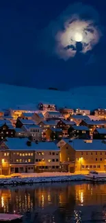 Scenic wallpaper of a moonlit snowy village at night with reflections on water.