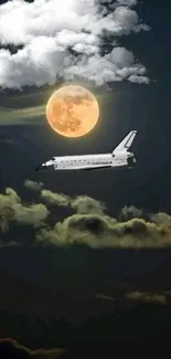 Space shuttle flying under full moonlit cloudy night sky.