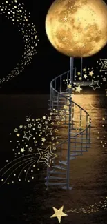 Spiral staircase leading to a glowing moon with surrounding stars.