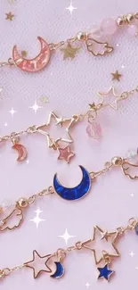 Whimsical bracelets with stars and moons on light pink background.