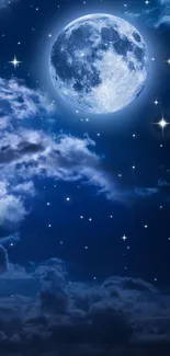 Moonlit and starry night sky wallpaper with clouds.