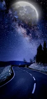 A winding road under a moonlit starry sky.