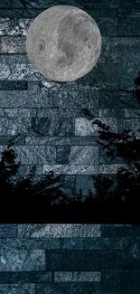 Moonlit wall with stone texture and silhouetted trees against the night sky.