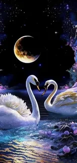 Swans on a moonlit lake surrounded by fantasy scenery.