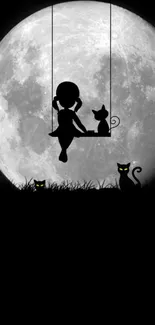 Girl on swing with cats in moonlight.