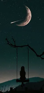 Silhouette of girl on swing under a crescent moon and starry sky.