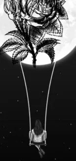 Black and white art of a swing under a rose moon.