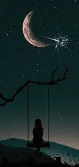 Silhouette of girl on swing under crescent moonlit sky.