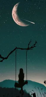 Silhouette on a swing under a starlit sky with crescent moon and shooting star.