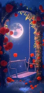 Moonlit swing surrounded by red roses under a starry sky.