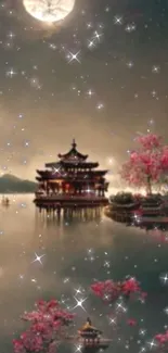 Moonlit temple with blossoms reflecting on calm water under starry sky.