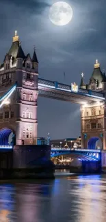 Tower Bridge illuminated at night under a full moon.