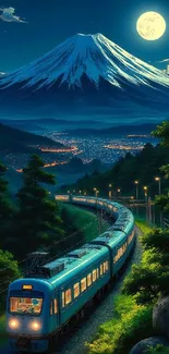 Train travels at night by a snow-capped mountain.