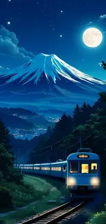 Moonlit train passing Mount Fuji under a starry sky.