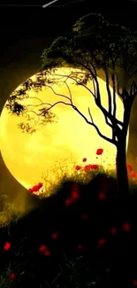 Silhouetted tree with moon and red poppies at night.