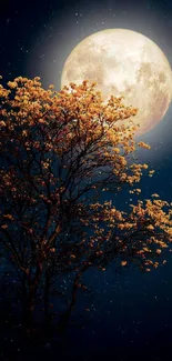 Moonlit tree with bright full moon and starry night sky.