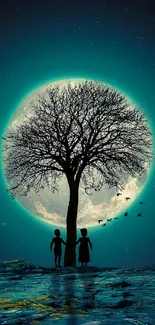 Two children under a tree with a glowing moon and starry sky.