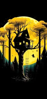 Moonlit treehouse with vibrant yellow moon and dark background, ideal for mobile.