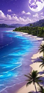 Moonlit tropical beach with waves and palms.