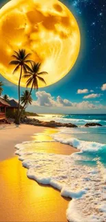 Moonlit tropical beach with palm trees and waves at night.
