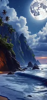 Moonlit tropical beach with ocean waves.
