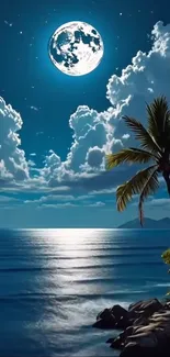 Tropical night with moonlit ocean and palm trees.