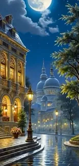 Moonlit city with elegant architecture and streetlights.