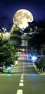 Moonlit urban road scene with glowing streetlights at night.