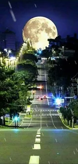 Moonlit urban road with city lights and full moon in view.