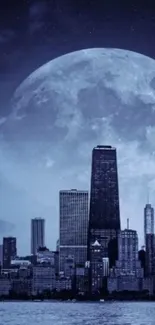 Moonlit city skyline with full moon and dark blue night sky.