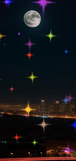 Bright full moon above a glowing city skyline at night.