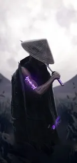 Mystical warrior under moonlight with a glowing purple sword in a night landscape.